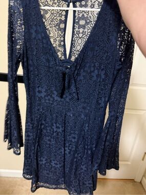 Navy Blue Lace Bell Sleeve V-Neck Mini Dress